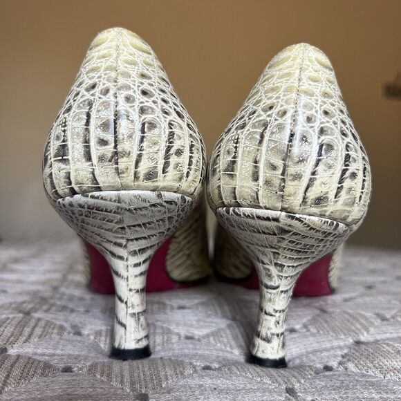 Emanuel Urgaro Paris Embossed Snakeskin Cream Taupe Leather Pumps Pointy Women 8 - Picture 11 of 16